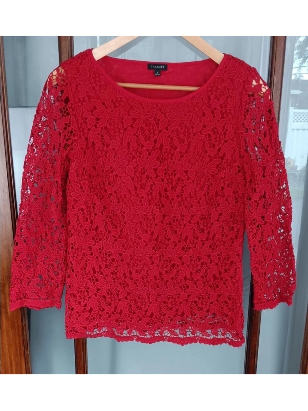 TALBOTS Red COTTON TWILL w/Lace Overlay SIDE-ZIPβ 3/4 Sleeve BLOUSE TOP Sz 8